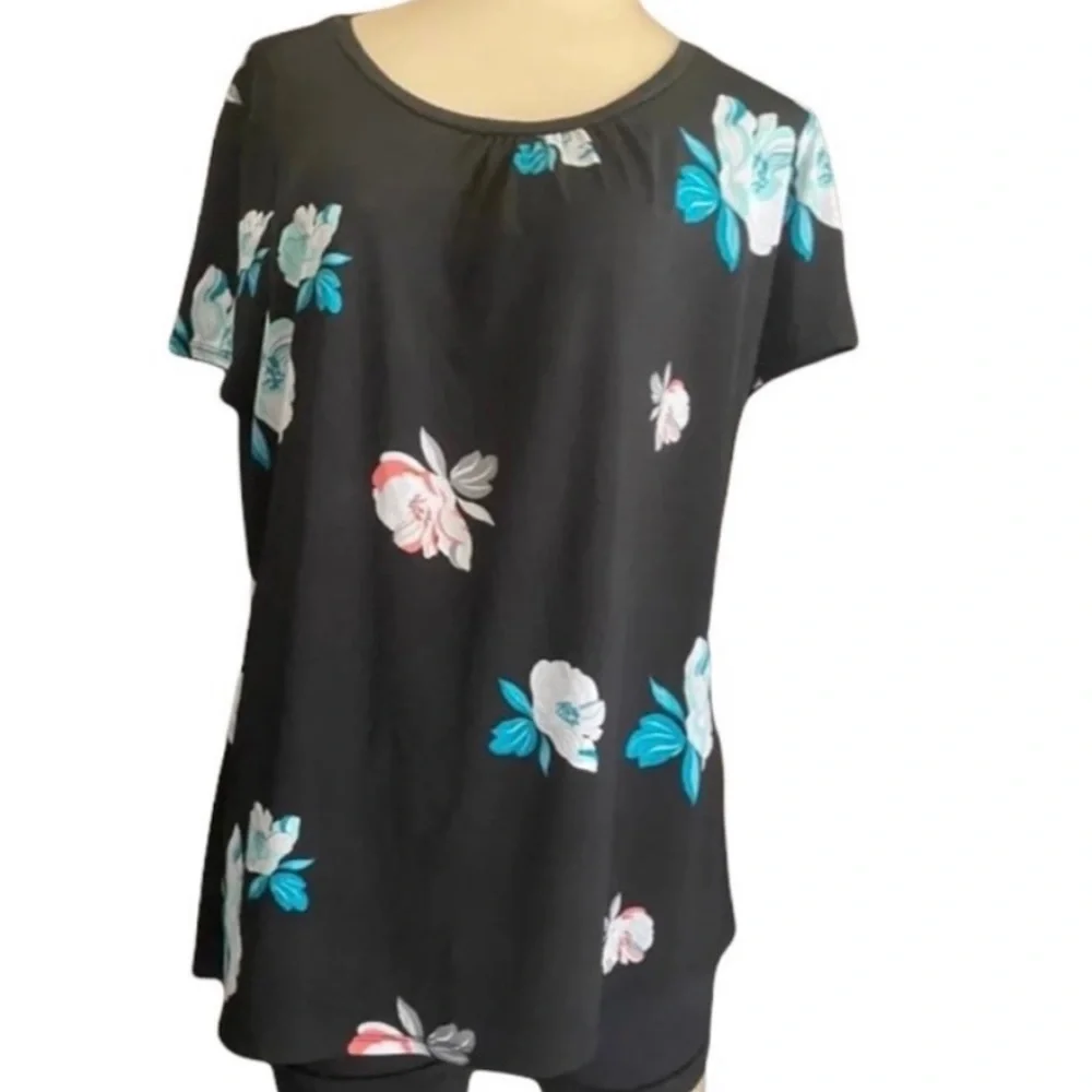 Worthington blouse Women’s size large black floral top short shelve casual - Picture 2 of 3